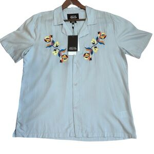 NWT Native Youth Embroidered Floral Camp Shirt Mens XL Button Up Boxy Blue Prep